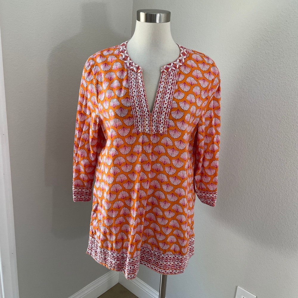 Sigrid Olsen Womens Large Orange Shell Short Sleeve Coastal Nautical Tunic Top